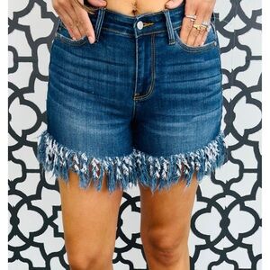 Judy Blue Mid Rise Fringe Hem Denim Shorts